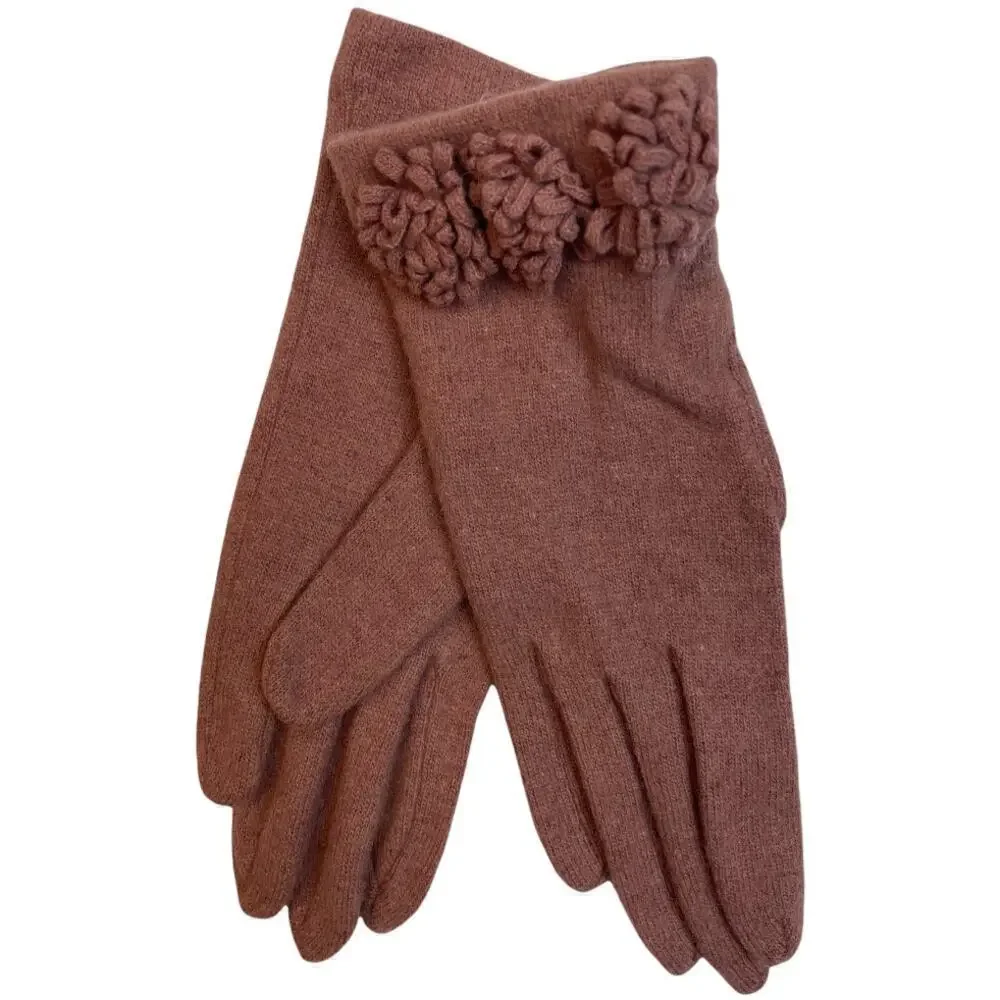 Mauve Knit Gloves With Floral Details Size S/M